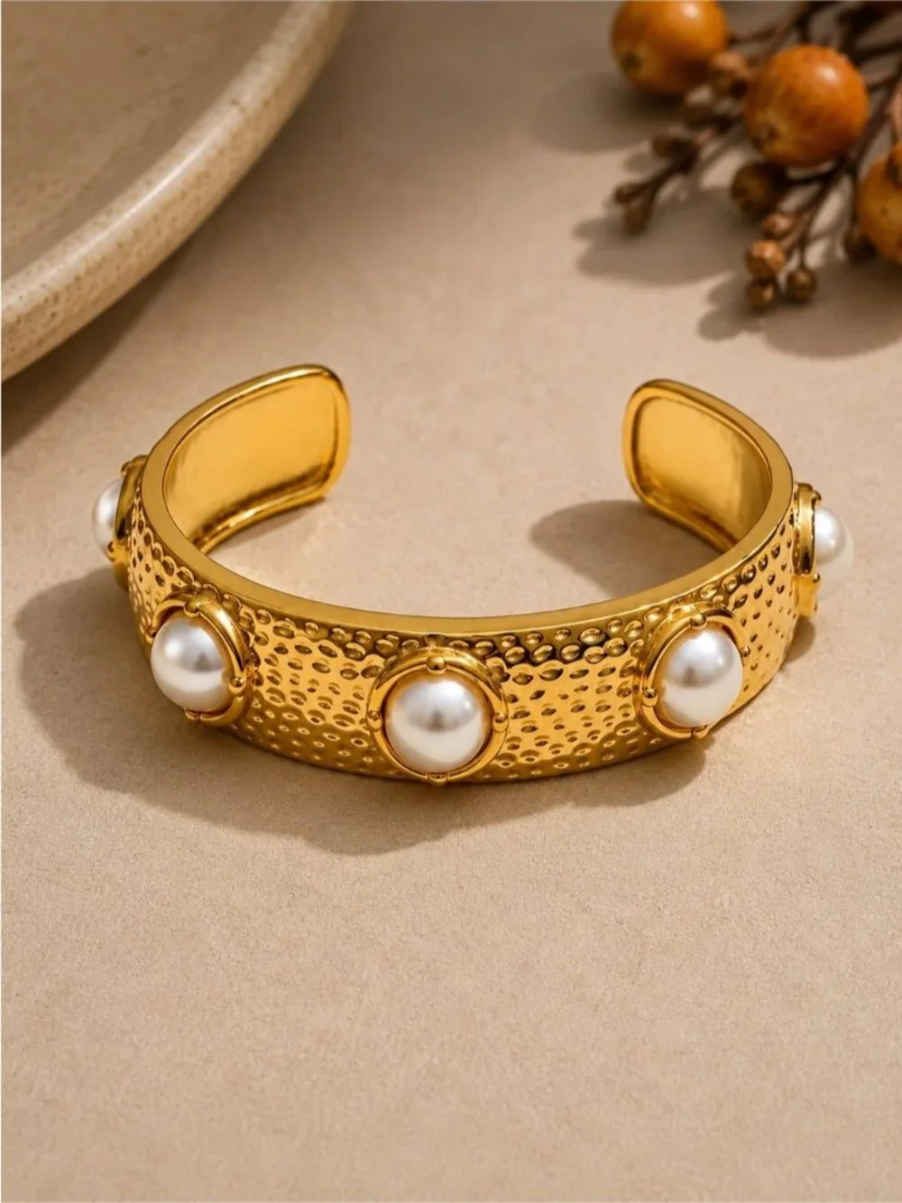 Gold plated Pearl-Accent Hammered Cuff Bracelet